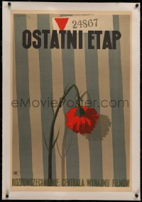 4c0186 OSTATNI ETAP linen Polish 23x34 R1958 Trepkowski art of flower over concentration camp uniform!