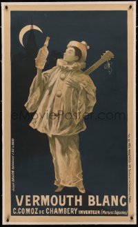 4c0316 VERMOUTH BLANC linen 28x47 French advertising poster 1910s art of Pierrot clown with bottle!