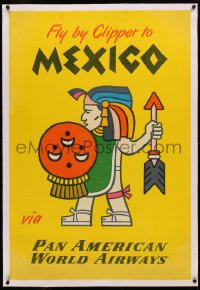 4c0333 PAN AMERICAN MEXICO linen 28x42 travel poster 1950s cartoon art of Aztec warrior, very rare!