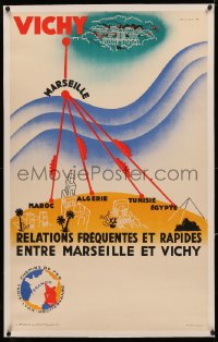 4c0326 PLM linen 24x39 French travel poster 1932 Falcucci art, connections between Marseille & Vichy!