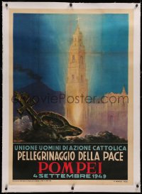 4c0327 POMPEI linen 28x39 Italian travel poster 1949 Ballester art of holy shrine & Mount Vesuvius!