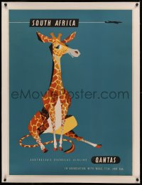4c0323 QANTAS SOUTH AFRICA linen 30x39 Australian travel poster 1950s great giraffe art, rare!