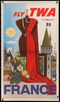 4c0334 TWA FRANCE linen 22x40 travel poster 1950s great montage art of famous French landmarks!