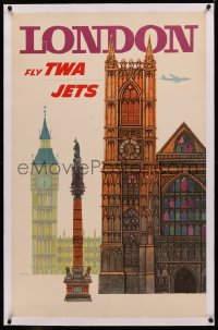 4c0335 TWA LONDON linen 25x40 travel poster 1960s cool art of English landmarks by David Klein!