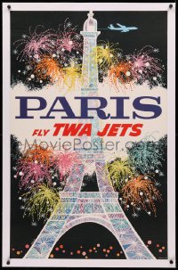 4c0337 TWA PARIS linen 25x40 travel poster 1960s great David Klein art of Eiffel Tower & fireworks!