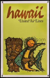 4c0338 UNITED AIR LINES HAWAII linen 25x40 travel poster 1967 great Hawaiian scenery art by Jebary!