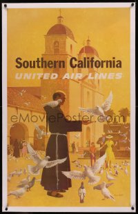 4c0339 UNITED AIR LINES SOUTHERN CALIFORNIA linen 25x40 travel poster 1960s Galli art of friar & birds!