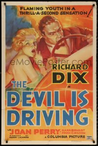 4d0280 DEVIL IS DRIVING 1sh 1937 classic colorful art of crazed couple driving at high speed, rare!