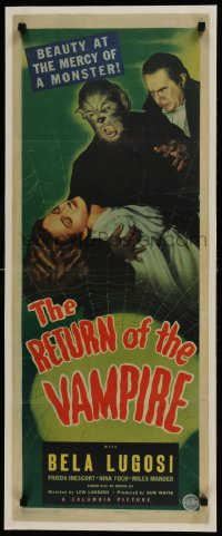 4d0103 RETURN OF THE VAMPIRE insert 1944 Bela Lugosi behind werewolf holding pretty girl, very rare!