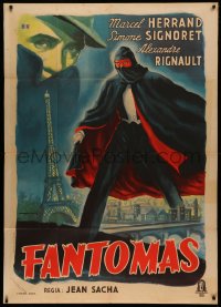 4d0062 FANTOMAS Italian 1p 1948 art of Marcel Herrand as the masked criminal over Paris, ultra rare!