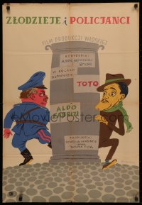 4d0467 COPS & ROBBERS Polish 23x34 1954 great Lengren art of policeman Aldo Fabrizi chasing Toto!