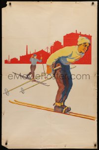 4d0230 RUSSIAN SPORTS POSTER 28x43 Russian special poster 1940s great art of juveniles skiing!