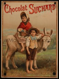 4d0146 CHOCOLAT SUCHARD 12x17 German advertising poster 1910s cute art of kids w/burro & chocolate!