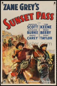 4d0311 SUNSET PASS 1sh 1933 great art of cowboy Randolph Scott on horse leading men, very rare!