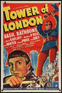4d0316 TOWER OF LONDON 1sh 1939 great art of executioner Boris Karloff & Basil Rathbone, rare!