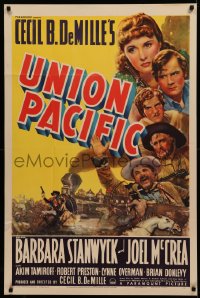 4d0317 UNION PACIFIC 1sh 1939 Cecil B. DeMille, Barbara Stanwyck, Joel McCrea & cool train art!