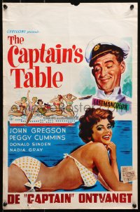 4f0182 CAPTAIN'S TABLE Belgian 1959 art of John Gregson & sexy Peggy Cummins on ocean cruise!