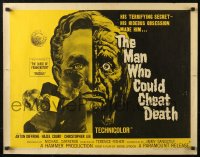 4f0416 MAN WHO COULD CHEAT DEATH style B 1/2sh 1959 Hammer horror, cool half-alive & half-dead headshot art!
