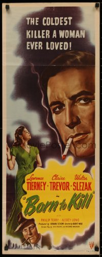 4f0631 BORN TO KILL insert 1946 noir art of smoking Lawrence Tierney & Claire Trevor, ultra rare!
