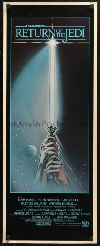 4f0779 RETURN OF THE JEDI int'l insert 1983 George Lucas, art of hands holding lightsaber by Reamer!