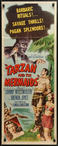 4f0821 TARZAN & THE MERMAIDS insert 1948 art of Johnny Weissmuller tied to tree w/sexy Brenda Joyce!