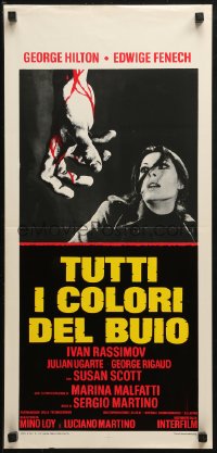 4f0602 THEY'RE COMING TO GET YOU Italian locandina 1975 c/u of scared Edwige Fenech & bloody hand!