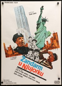 4f0280 GENDARME IN NEW YORK Yugoslavian 20x27 1965 wacky Louis de Funes + Statue of Liberty!
