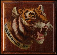 4g0426 BROWN MANUFACTURING WOODEN PLAQUE 14x14 advertising poster 1950s close-up of tiger!