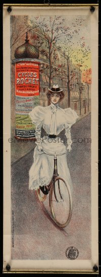 4g0229 CYCLES ROCHET 8x23 French advertising poster 1900s wonderful art of woman on bicycle!