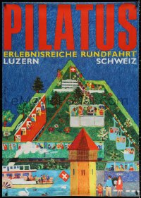 4g0055 PILATUS 36x50 Swiss travel poster 1967 detailed Edgar Kung art of the town and mountain!