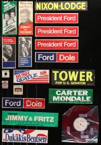 4h0035 LOT OF 19 POLITICAL BUMPER STICKERS, BROCHURES, RECORD, AND MISCELLANEOUS ITEMS 1960s-1980s