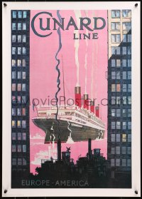 4j0560 CUNARD LINE 20x28 Italian commercial poster 1983 wonderful Rosenvinge artwork of ship & harbor!