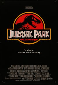 4j0940 JURASSIC PARK DS 1sh 1993 Steven Spielberg, classic logo with T-Rex over red background