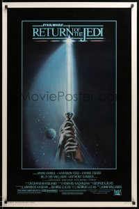 4j1039 RETURN OF THE JEDI 1sh 1983 George Lucas, art of hands holding lightsaber by Tim Reamer!