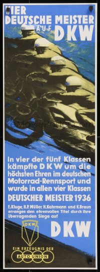 4j0550 DKW 13x36 German commercial poster 1980s V. Mundorff art of men on speeding motorcycles!