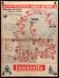 4j0505 LAMBRETTA 20x26 French advertising poster 1950s cool map of French highways and scooters!