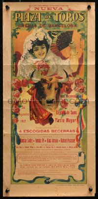 4j0597 NUEVA PLAZA DE TOROS ARENAS DE BARCELONA 10x21 Spanish special poster 1912 bull and roses!