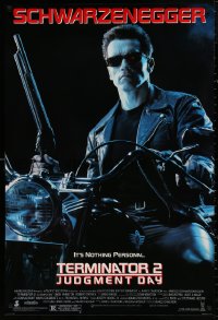 4j1145 TERMINATOR 2 heavy stock 1sh 1991 Arnold Schwarzenegger on motorcycle with shotgun!