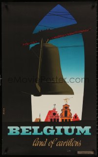 4j0271 BELGIUM LAND OF CARILLONS 25x39 Belgian travel poster 1960s art of bell towers by Richez!