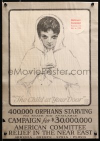 4j0318 CHILD AT YOUR DOOR 14x20 WWI war poster 1917 Pfeifer art of starving orphan wearing a scarf!