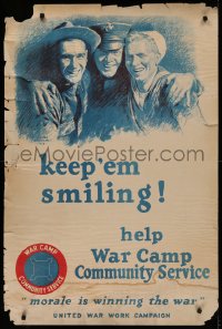 4j0329 KEEP 'EM SMILING 28x42 WWI war poster 1918 artwork of smiling personnel by Leone M. Bracker!