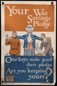 4j0326 YOUR WAR SAVINGS PLEDGE 11x16 WWI war poster 1917 Uncle Sam w/arms around soldier & stamp buyer!