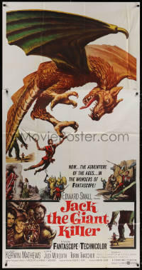 4k0570 JACK THE GIANT KILLER 3sh 1962 cool fantasy art of Kerwin Mathews battling dragon from book!