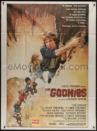 4k0626 GOONIES Argentinean 42x57 1985 cool Drew Struzan art of top cast hanging from stalactite!