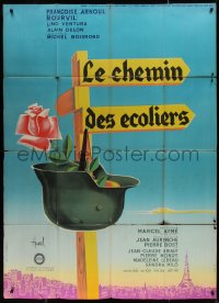 4k1322 WAY OF YOUTH style B French 1p 1959 Hurel art of helmet & rose hanging from road sign!