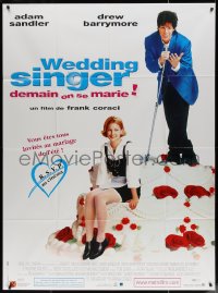 4k1327 WEDDING SINGER French 1p 1998 Adam Sandler singing to sexy Drew Barrymore on giant cake!