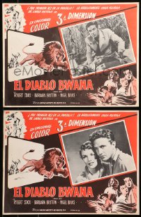 4k0107 BWANA DEVIL 3 Mexican LCs 1953 3-D art of lion leaping off the screen, hunter Robert Stack!