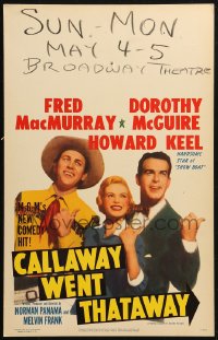 4k0254 CALLAWAY WENT THATAWAY WC 1951 Fred MacMurray, Dorothy McGuire & Howard Keel with thumbs out!