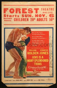 4k0327 LOVE IS A MANY-SPLENDORED THING WC 1955 romantic art of William Holden & Jennifer Jones!