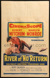 4k0363 RIVER OF NO RETURN WC 1954 great artwork of Robert Mitchum holding down sexy Marilyn Monroe!